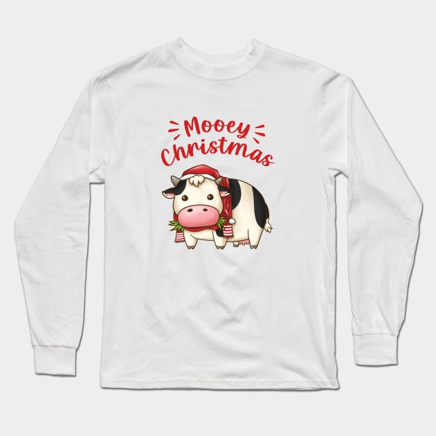 Mooey Christmas Cow in Santa Hat Long Sleeve T-Shirt by Takeda_Art